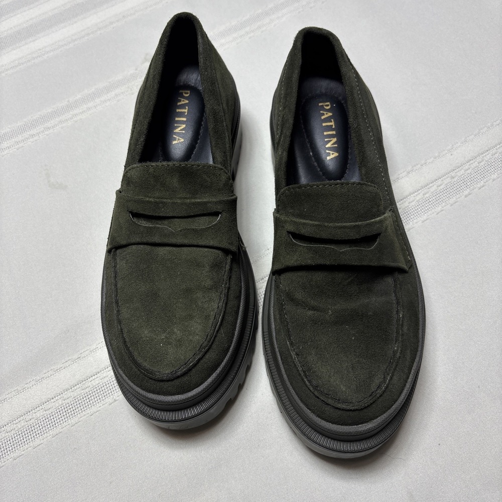 PATINA Zoe Chunky Loafer Olive Green Suede Leather Shoes Women US 5.5 Portland